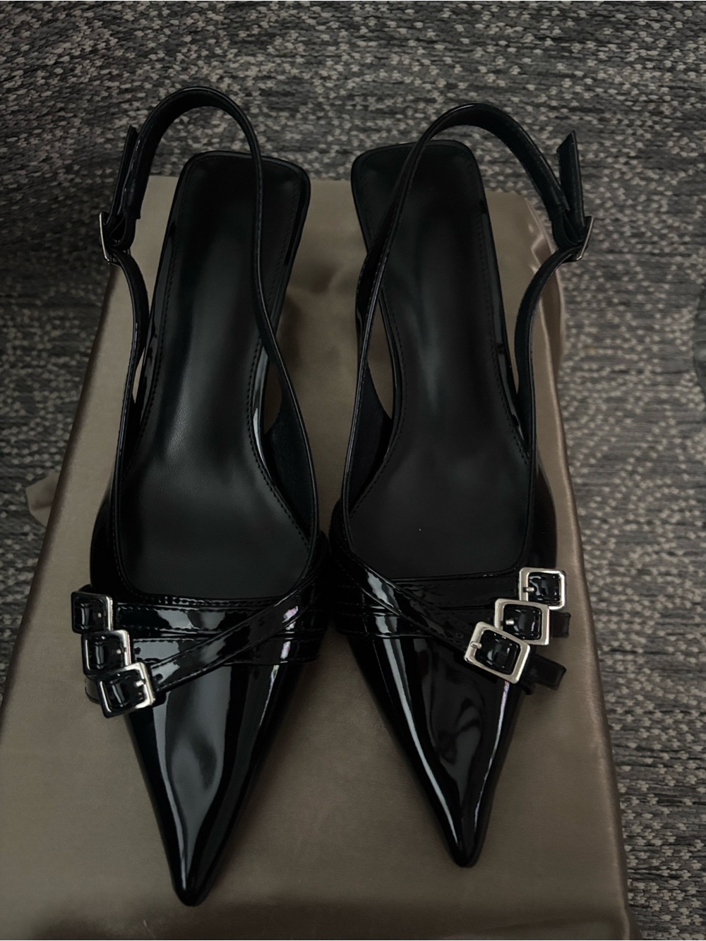 Black Patent Pointed Toe Slingback Heels with Buckle Detail